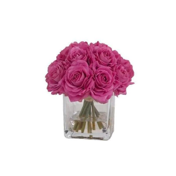 Flora & Plants | Faux Purple Silk Rose Centerpiece Arrangement In Fake Water Decor Flora & Plants