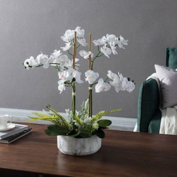 Flora & Plants | Faux White Orchid Floral Centerpiece In Marbled Pot Decor Flora & Plants