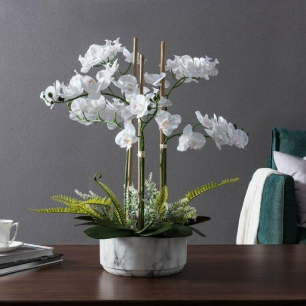 Flora & Plants | Faux White Orchid Floral Centerpiece In Marbled Pot Decor Flora & Plants