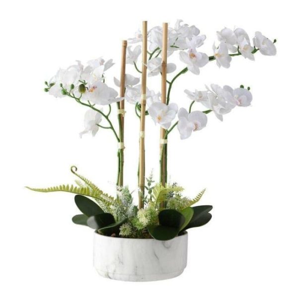 Flora & Plants | Faux White Orchid Floral Centerpiece In Marbled Pot Decor Flora & Plants