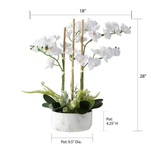 Flora & Plants | Faux White Orchid Floral Centerpiece In Marbled Pot Decor Flora & Plants