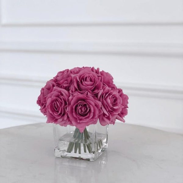 Flora & Plants | Real Touch Artificial Faux Purple Gray Silk Rose Centerpiece Arrangement In Fake Water Decor Flora & Plants