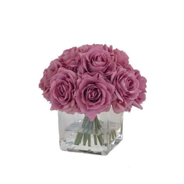 Flora & Plants | Real Touch Artificial Faux Purple Gray Silk Rose Centerpiece Arrangement In Fake Water Decor Flora & Plants