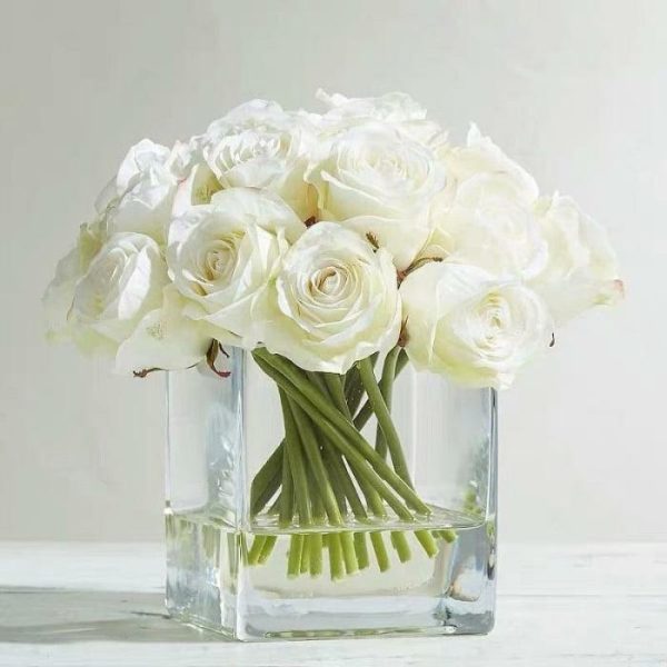 Flora & Plants | Real Touch Faux White Silk Rose Centerpiece Arrangement In Fake Water Decor Flora & Plants