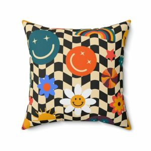 Funky Pillows | Checker Smiley Emojis Printed Throw Pillow, 20" × 20" Funky Pillows Funky Pillows