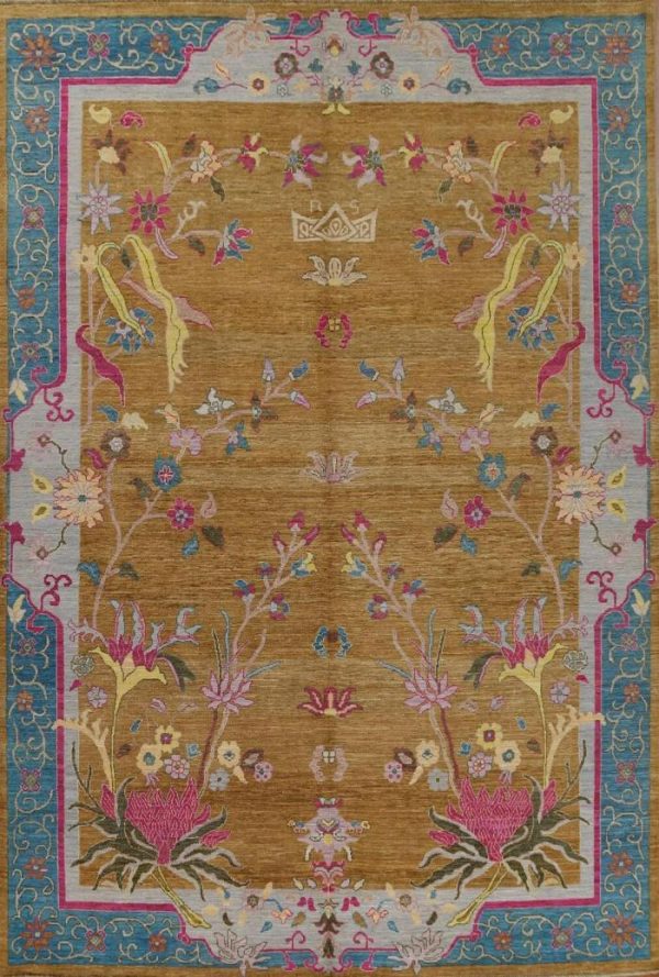 Hand Knotted Rugs | Blue Bordered Spring Floral In The Golden Sky Wool Hand Knotted Area Rug, 3′ x 5′ Hand Knotted Rugs Hand Knotted Rugs