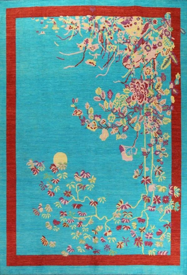 Hand Knotted Rugs | Red Bordered Spring Floral In The Blue Sky Wool Hand Knotted Area Rug, 3′ x 5′ Hand Knotted Rugs Hand Knotted Rugs