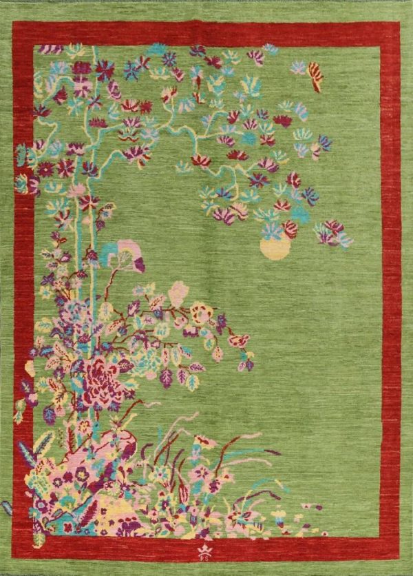 Hand Knotted Rugs | Red Bordered Spring Floral In The Green Sky Wool Hand Knotted Area Rug, 3′ x 5′ Hand Knotted Rugs Hand Knotted Rugs