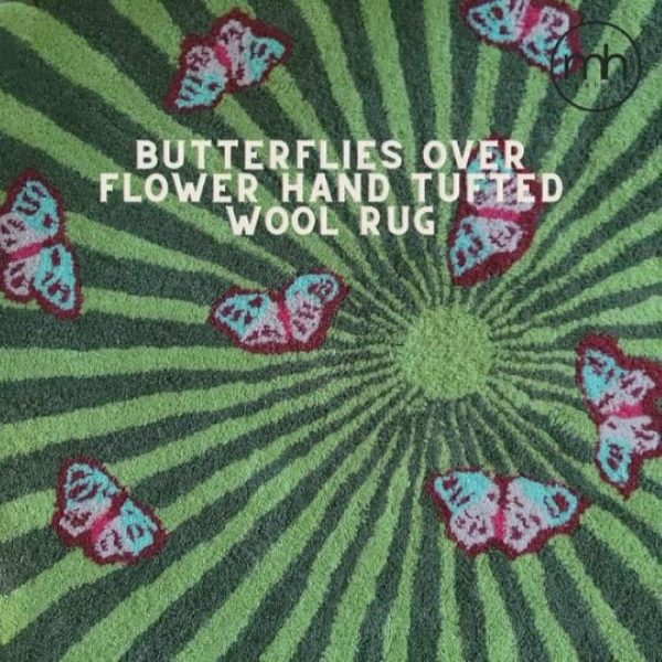 Hand Tufted Wool Rugs | Butterflies Over Flower Hand Tufted Wool Rug – Green, 3′ x 3′ Hand Tufted Wool Rugs Hand Tufted Wool Rugs