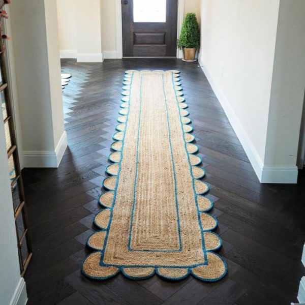 Jute Rugs | Blue Scalloped Border Jute Rug Runner, 2′ x 3′ Jute Rugs Jute Rugs