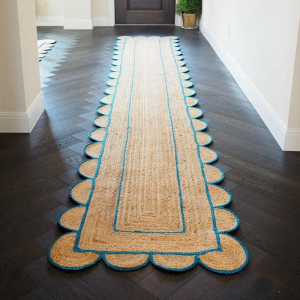 Jute Rugs | Blue Scalloped Border Jute Rug Runner, 2′ x 3′ Jute Rugs Jute Rugs