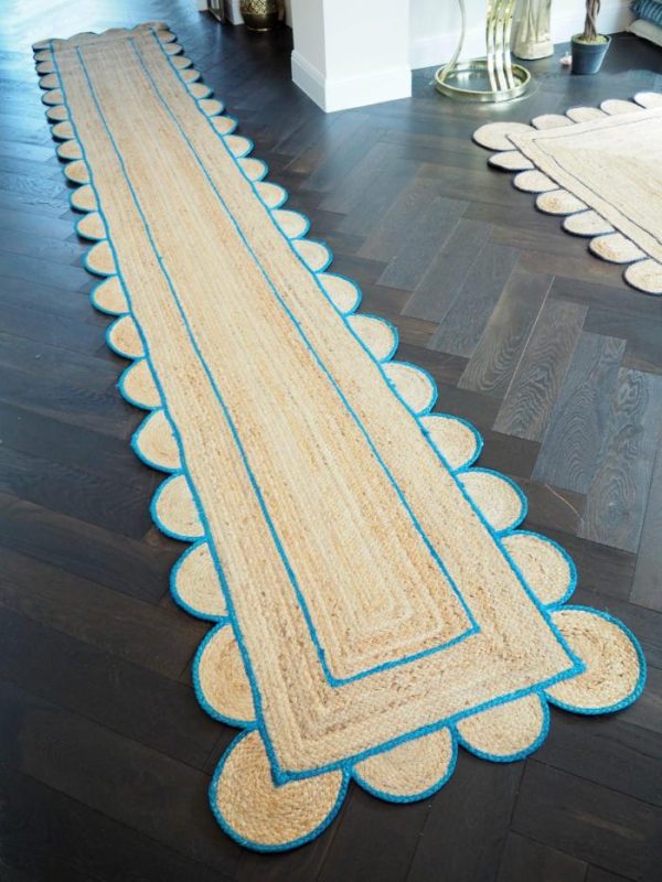 Jute Rugs | Blue Scalloped Border Jute Rug Runner, 2′ x 3′ Jute Rugs Jute Rugs