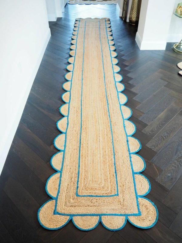 Jute Rugs | Blue Scalloped Border Jute Rug Runner, 2′ x 3′ Jute Rugs Jute Rugs