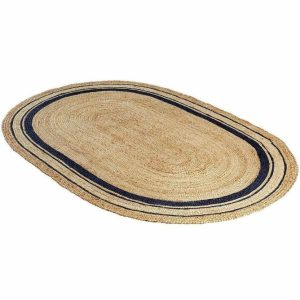 Jute Rugs | Blue Trim Natural Oval Hand Braided Jute Rug, 2′ x 3′ Jute Rugs Jute Rugs