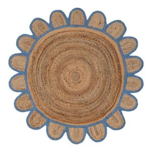 Jute Rugs | Handmade Blue Scalloped Round Jute Rug, 3′ x 3′ Jute Rugs Jute Rugs