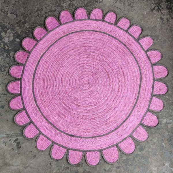 Jute Rugs | Handmade Scalloped Round Jute Rug – Pink, 3′ x 3′ Jute Rugs Jute Rugs