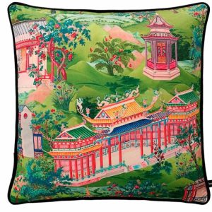 One Of A Kind Pillows | Chinese Pagoda Garden Printed Velvet Throw Pillow Cover, 18" x 18" One Of A Kind Pillows One Of A Kind Pillows