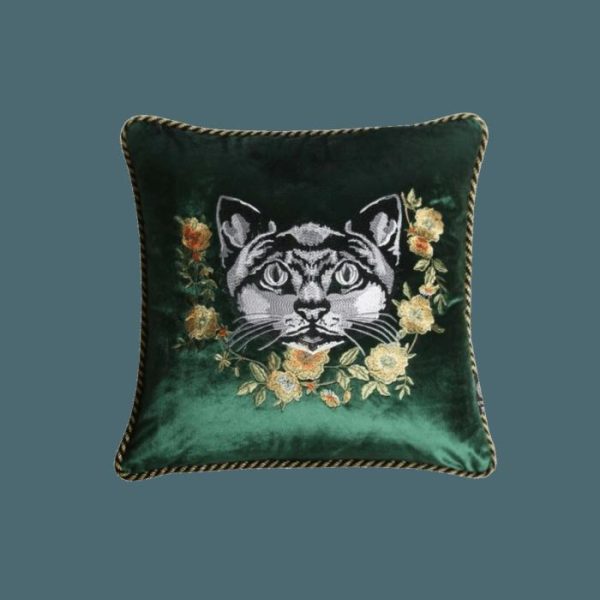 One Of A Kind Pillows | Embroidered Cat And Flowers Velvet Throw Pillow Cover – Green, 18" x 18" Animal Inspired Pillows Animal Inspired Pillows