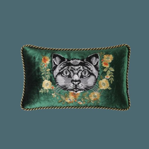 One Of A Kind Pillows | Embroidered Cat And Flowers Velvet Throw Pillow Cover – Green, 18" x 18" Animal Inspired Pillows Animal Inspired Pillows