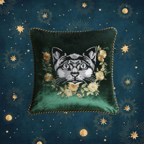 One Of A Kind Pillows | Embroidered Cat And Flowers Velvet Throw Pillow Cover – Green, 18" x 18" Animal Inspired Pillows Animal Inspired Pillows