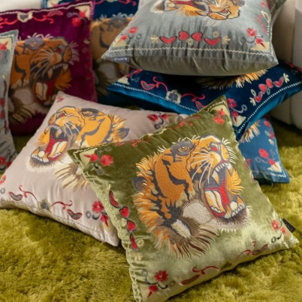 One Of A Kind Pillows | Embroidered Screaming Tiger Decorative Throw Pillow Cover – Blue Animal Inspired Pillows Animal Inspired Pillows