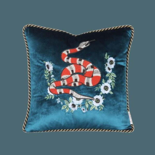 One Of A Kind Pillows | Embroidered Snake Velvet Accent Throw Pillow Cover – Blue, 18" x 18" Animal Inspired Pillows Animal Inspired Pillows