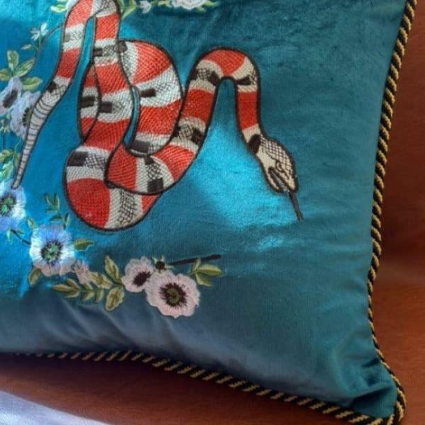 One Of A Kind Pillows | Embroidered Snake Velvet Accent Throw Pillow Cover – Blue, 18" x 18" Animal Inspired Pillows Animal Inspired Pillows