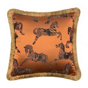 One Of A Kind Pillows | Faux Silk Orange Horses Pillow Cover With Golden Fringes Animal Inspired Pillows Animal Inspired Pillows