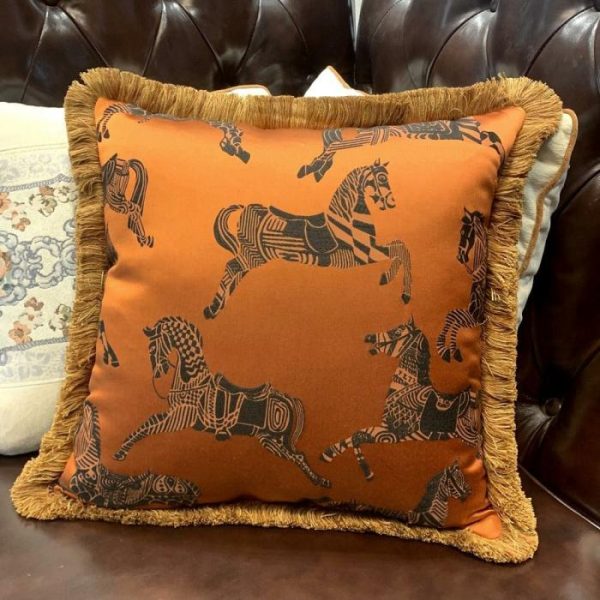 One Of A Kind Pillows | Faux Silk Orange Horses Pillow Cover With Golden Fringes Animal Inspired Pillows Animal Inspired Pillows