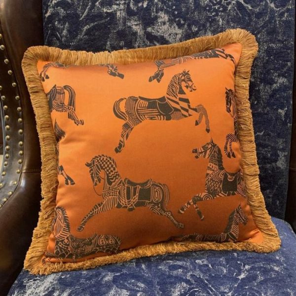 One Of A Kind Pillows | Faux Silk Orange Horses Pillow Cover With Golden Fringes Animal Inspired Pillows Animal Inspired Pillows