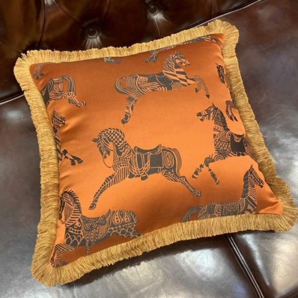 One Of A Kind Pillows | Faux Silk Orange Horses Pillow Cover With Golden Fringes Animal Inspired Pillows Animal Inspired Pillows