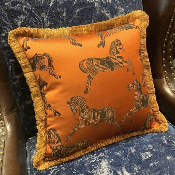 One Of A Kind Pillows | Faux Silk Orange Horses Pillow Cover With Golden Fringes Animal Inspired Pillows Animal Inspired Pillows