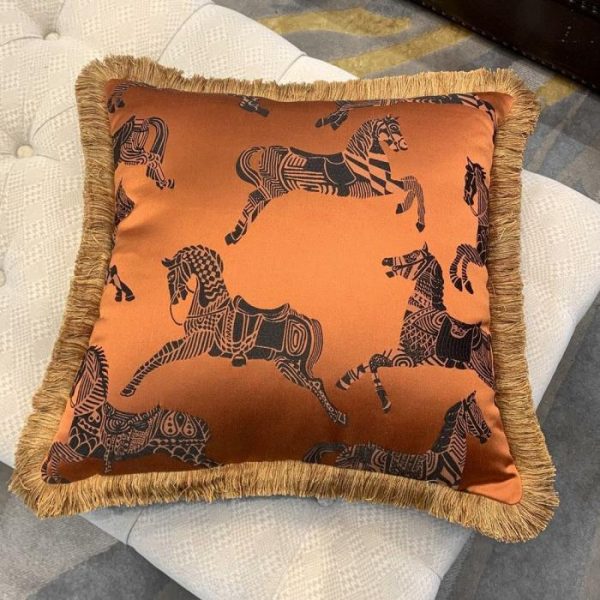 One Of A Kind Pillows | Faux Silk Orange Horses Pillow Cover With Golden Fringes Animal Inspired Pillows Animal Inspired Pillows