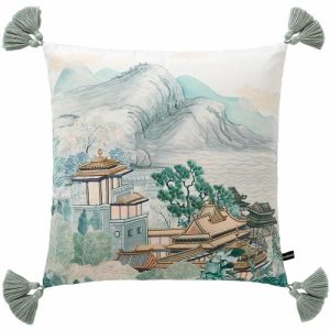 One Of A Kind Pillows | Oriental Pagoda Landscape Velvet Throw Pillow Cover With Tassels, 18" x 18" One Of A Kind Pillows One Of A Kind Pillows