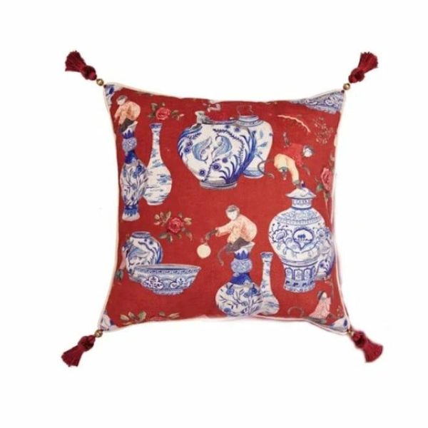 One Of A Kind Pillows | Red Chinoiserie Inspired Pillow Cover With Tassels One Of A Kind Pillows One Of A Kind Pillows