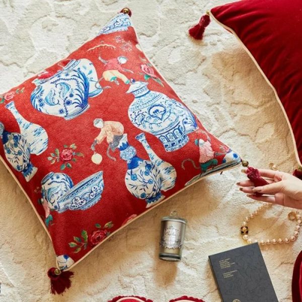 One Of A Kind Pillows | Red Chinoiserie Inspired Pillow Cover With Tassels One Of A Kind Pillows One Of A Kind Pillows