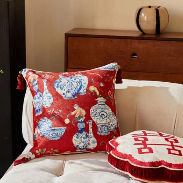 One Of A Kind Pillows | Red Chinoiserie Inspired Pillow Cover With Tassels One Of A Kind Pillows One Of A Kind Pillows