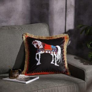 Pillows With Fringes & Tassels | Royal White Horse Fringed Black Velvet Throw Cover Animal Inspired Pillows Animal Inspired Pillows