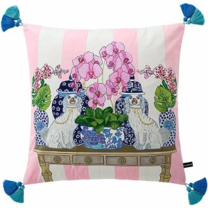 Pillows With Fringes & Tassels | Floral Chinoiserie Staffordshire Dog Throw Pillow Cover With Tassels, 18" x 18" One Of A Kind Pillows One Of A Kind Pillows