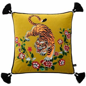 Pillows With Fringes & Tassels | Floral Asian Tiger Velvet Pillow Cover With Tassels, 18" x 18" Animal Inspired Pillows Animal Inspired Pillows