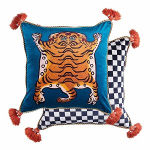 Pillows With Fringes & Tassels | Tibetan Tiger Blue Checker Throw Pillow Cover With Tassels, 18" x 18" One Of A Kind Pillows One Of A Kind Pillows