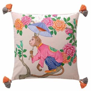 Pillows With Fringes & Tassels | Floral Chinoiserie Monkey Velvet Throw Pillow Cover With Tassels, 18" x 18" One Of A Kind Pillows One Of A Kind Pillows