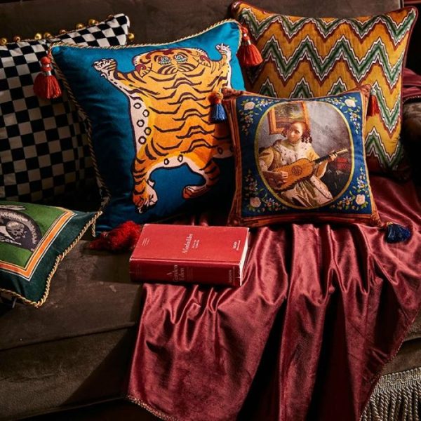 Pillows With Fringes & Tassels | Tibetan Tiger Blue Checker Throw Pillow Cover With Tassels, 18" x 18" One Of A Kind Pillows One Of A Kind Pillows