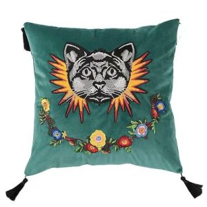 Pillows With Fringes & Tassels | Embroidered Cat And Flowers Throw Pillow Cover With Tassels, 20" x 20" Animal Inspired Pillows Animal Inspired Pillows