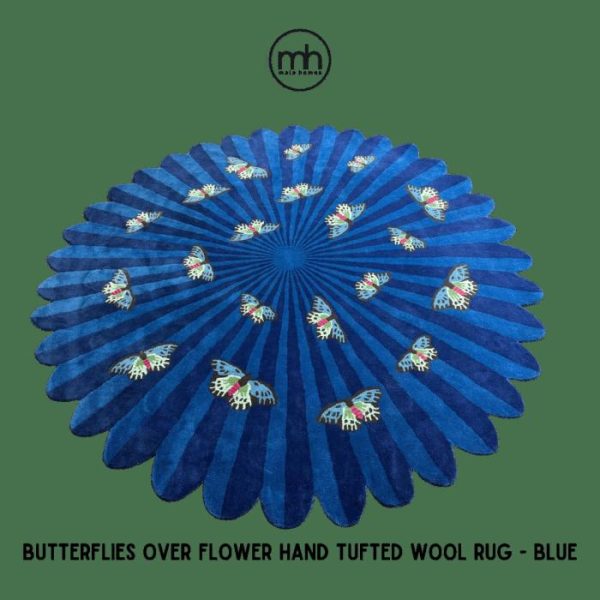 Round Rugs | Butterflies Over Flower Hand Tufted Wool Rug – Blue, 3′ x 3′ Hand Tufted Wool Rugs Hand Tufted Wool Rugs