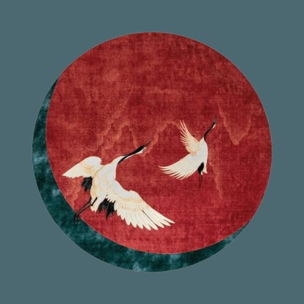 Round Rugs | Red Flying Japanese Cranes Hand Tufted Rug, 4′ x 4′ Hand Tufted Wool Rugs Hand Tufted Wool Rugs