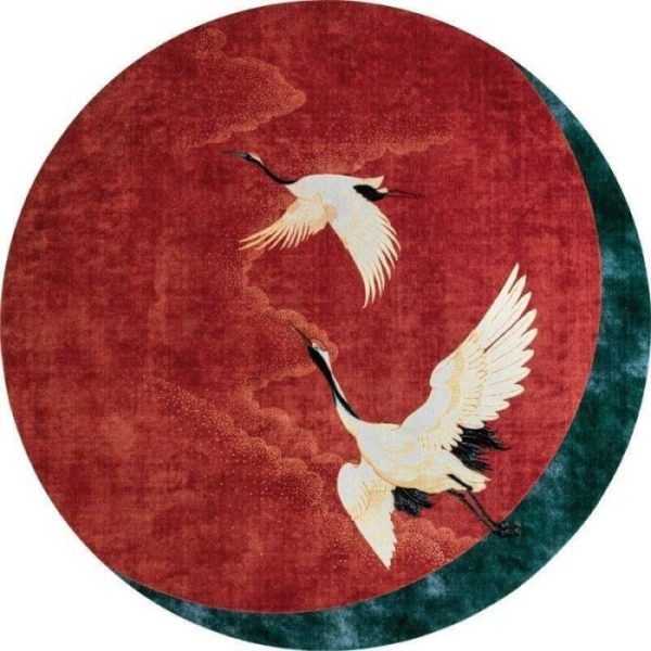 Round Rugs | Red Flying Japanese Cranes Hand Tufted Rug, 4′ x 4′ Hand Tufted Wool Rugs Hand Tufted Wool Rugs