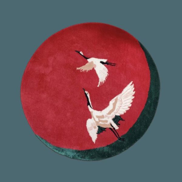 Round Rugs | Red Flying Japanese Cranes Hand Tufted Rug, 4′ x 4′ Hand Tufted Wool Rugs Hand Tufted Wool Rugs