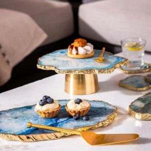 Serveware | Blue Agate Cake Stand With Gold Base Kitchen Serveware