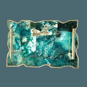 Serveware | Large Composite Green Agate Serving Tray With Modern Brass Handles Kitchen Serveware